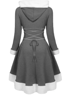 Sale Retro Stage 1950s Furry Patchwork Solid Lace-up Dress