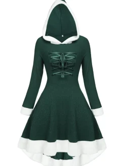 Sale Retro Stage 1950s Furry Patchwork Solid Lace-up Dress