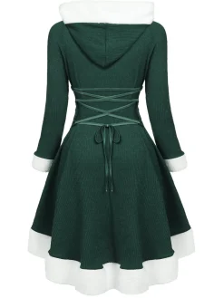 Sale Retro Stage 1950s Furry Patchwork Solid Lace-up Dress