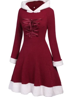 Sale Retro Stage 1950s Furry Patchwork Solid Lace-up Dress