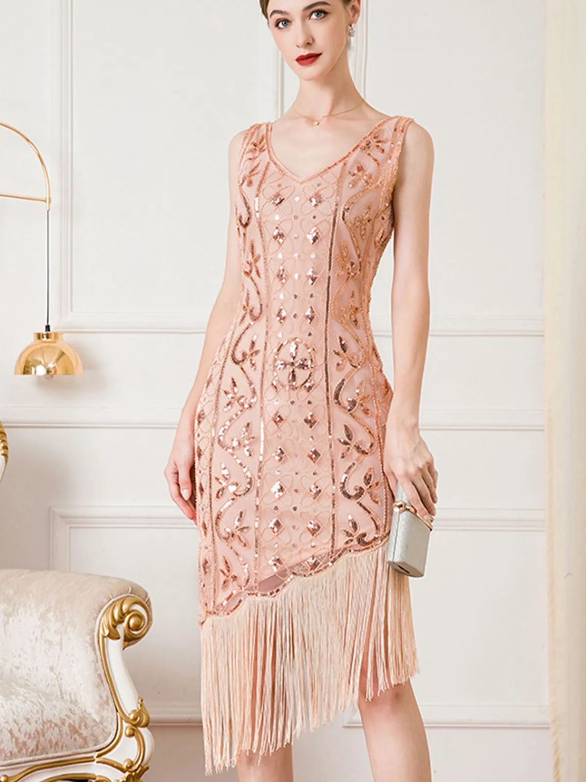 Best Retro Stage 1920s Gatsby Sequins Tassel Oblique Hem Dress