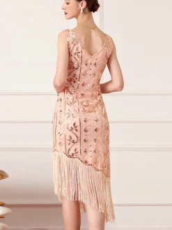 Best Retro Stage 1920s Gatsby Sequins Tassel Oblique Hem Dress