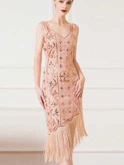 Best Retro Stage 1920s Gatsby Sequins Tassel Oblique Hem Dress
