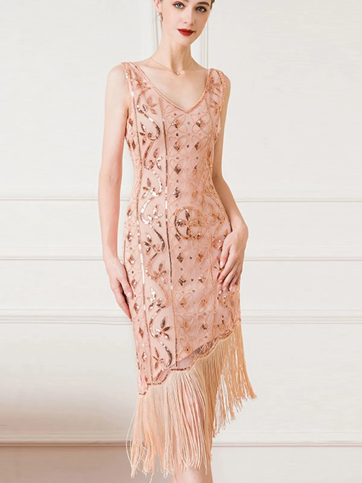 Best Retro Stage 1920s Gatsby Sequins Tassel Oblique Hem Dress