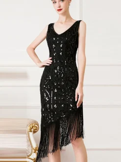 Best Retro Stage 1920s Gatsby Sequins Tassel Oblique Hem Dress