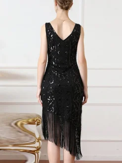 Best Retro Stage 1920s Gatsby Sequins Tassel Oblique Hem Dress