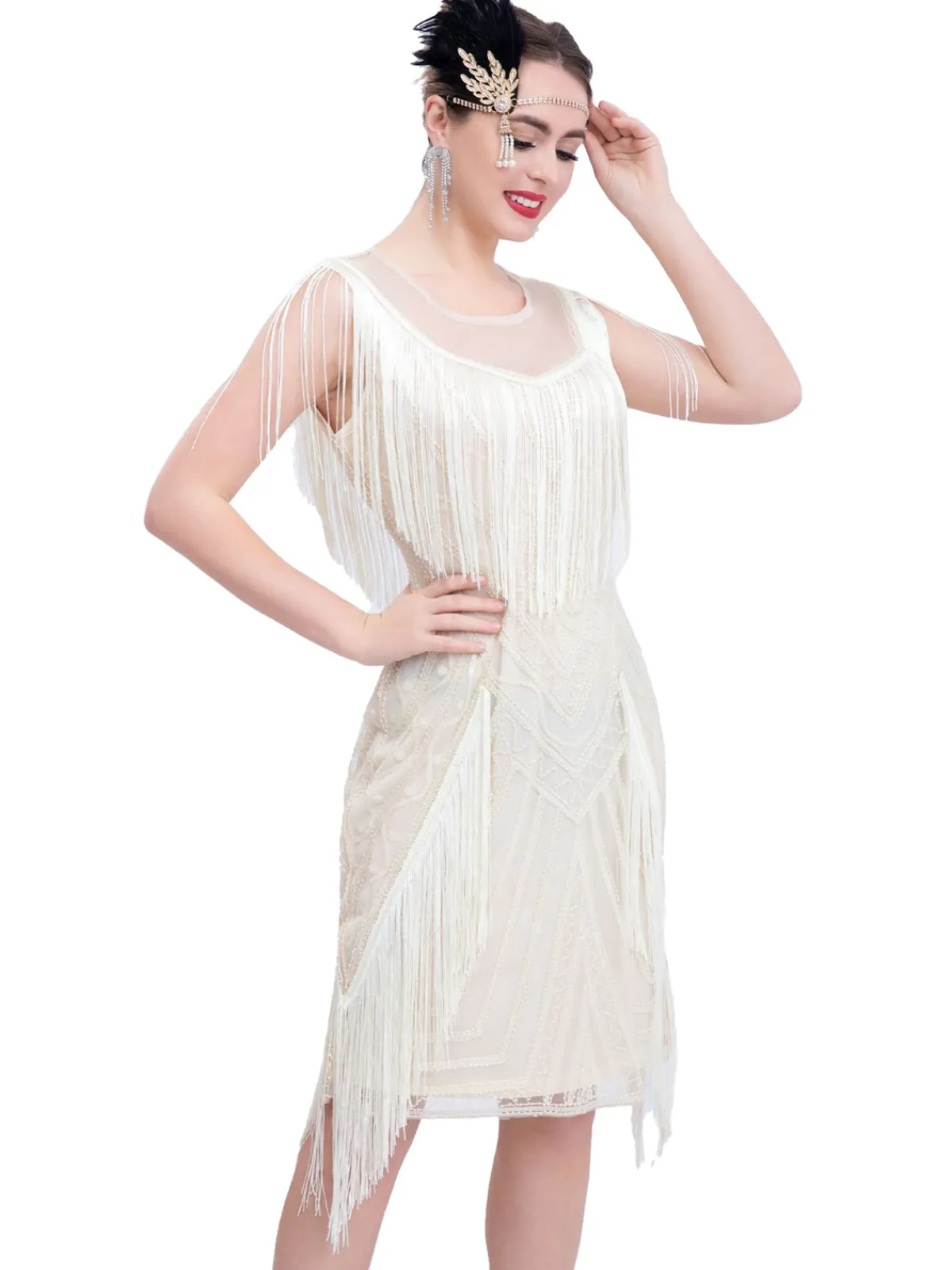 Best Retro Stage 1920s Gatsby Sheer Neck Tassel Sequins Dress