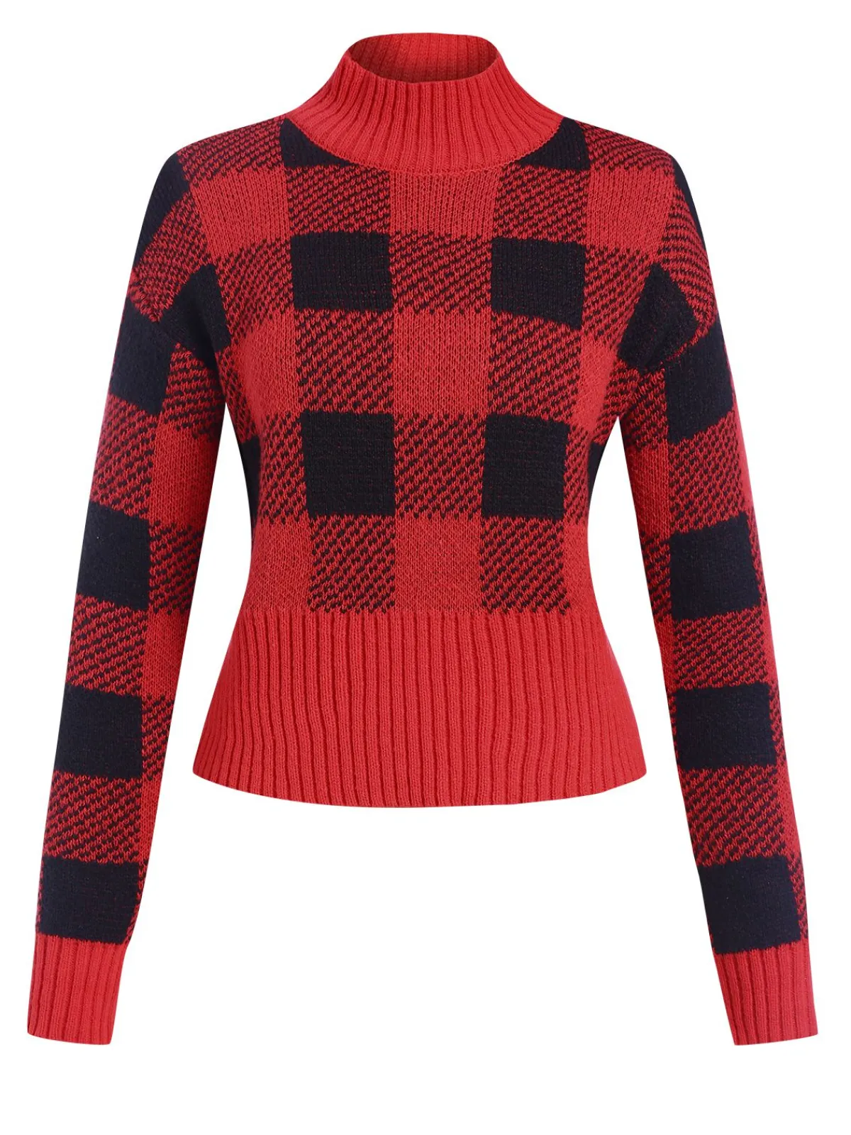 Clearance Retro Stage 1950s Gingham Plaid Christmas Sweater Wine Red