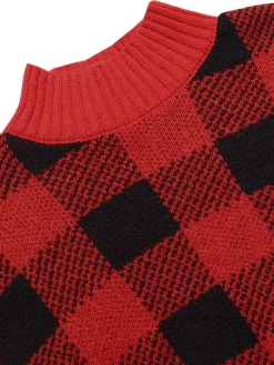 Clearance Retro Stage 1950s Gingham Plaid Christmas Sweater Wine Red