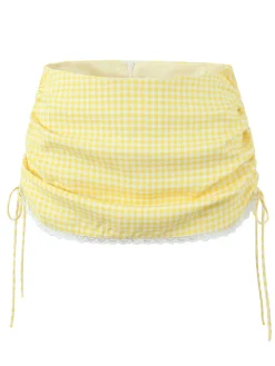 Sale Retro Stage 1970s Gingham Plaid Lace Bow Skirt