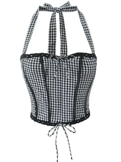 Hot Retro Stage 1950s Gingham Plaid Lace-Up Halter Crop Camisole