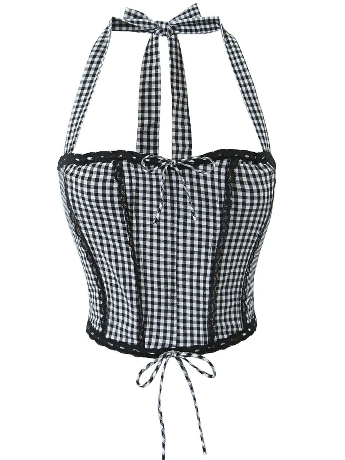 Hot Retro Stage 1950s Gingham Plaid Lace-Up Halter Crop Camisole