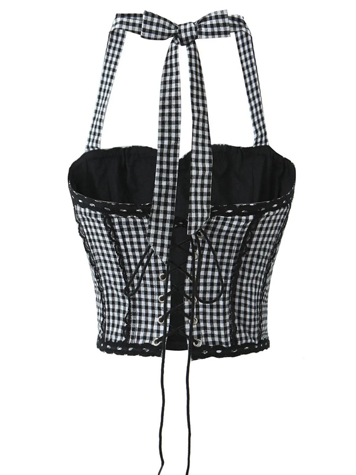 Hot Retro Stage 1950s Gingham Plaid Lace-Up Halter Crop Camisole