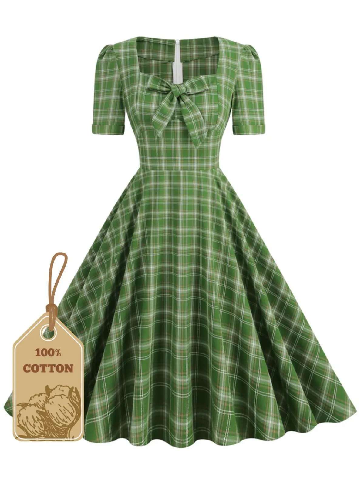 Discount Retro Stage 1950s Gingham Plaid Square Neck Flared Dress