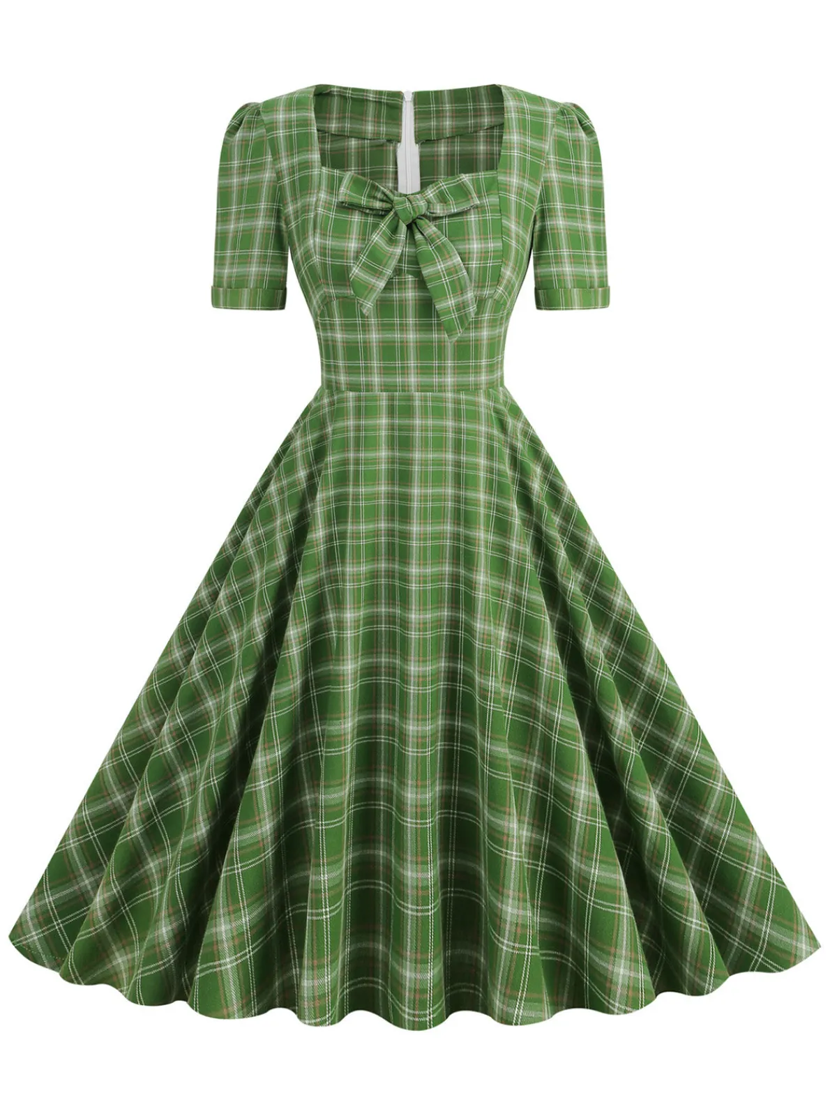 Discount Retro Stage 1950s Gingham Plaid Square Neck Flared Dress