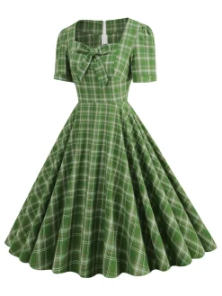 Discount Retro Stage 1950s Gingham Plaid Square Neck Flared Dress