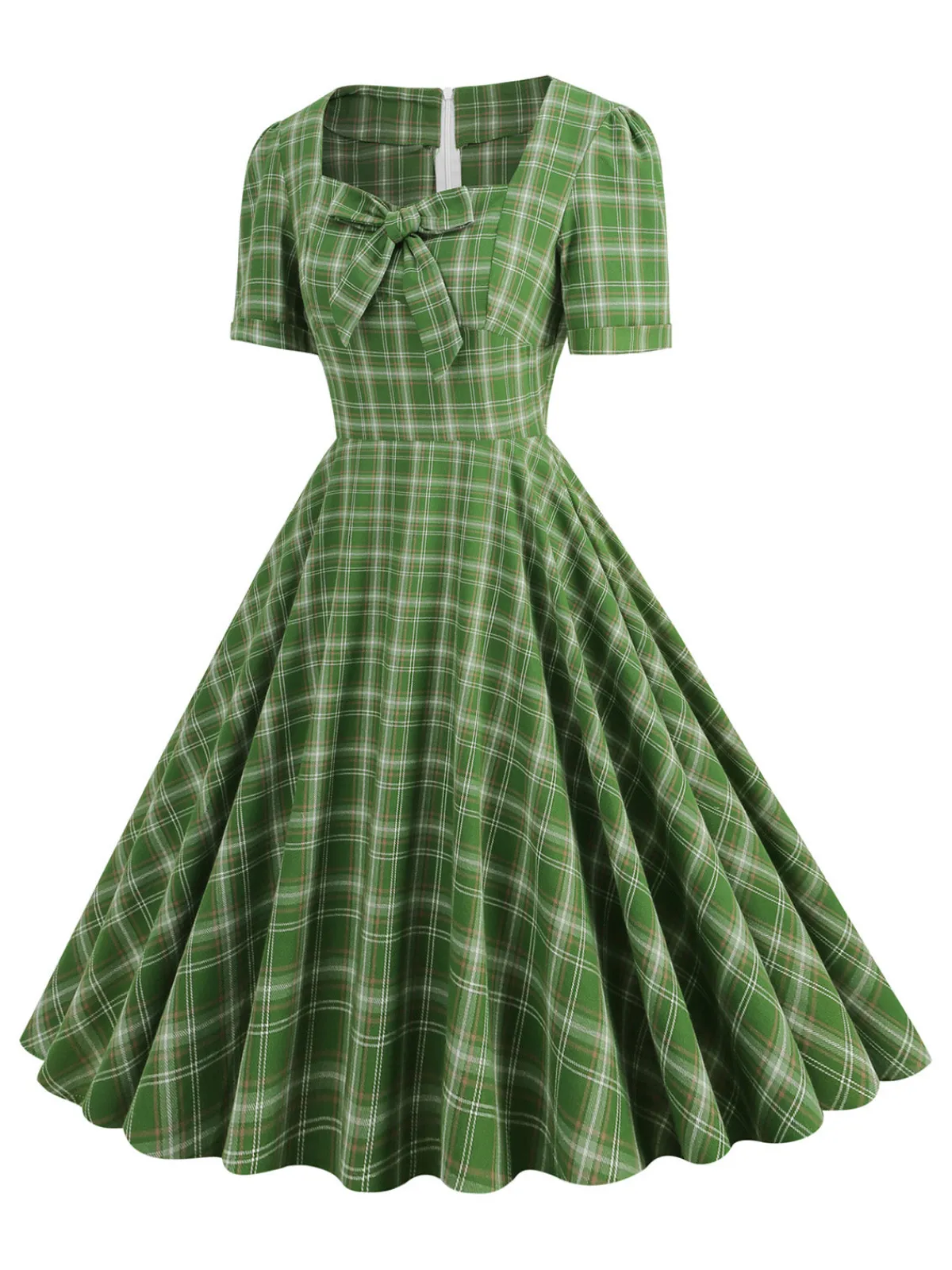 Discount Retro Stage 1950s Gingham Plaid Square Neck Flared Dress
