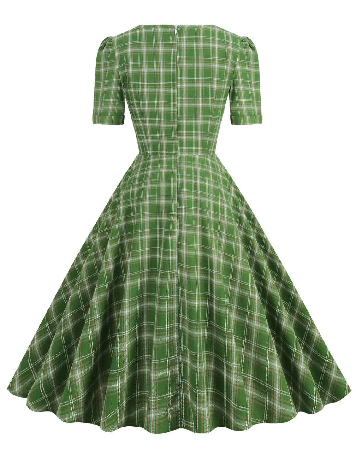 Discount Retro Stage 1950s Gingham Plaid Square Neck Flared Dress