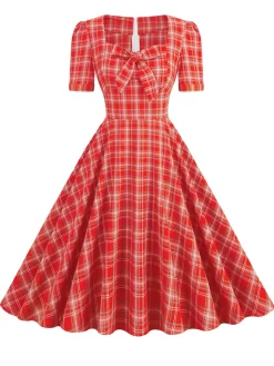 Discount Retro Stage 1950s Gingham Plaid Square Neck Flared Dress