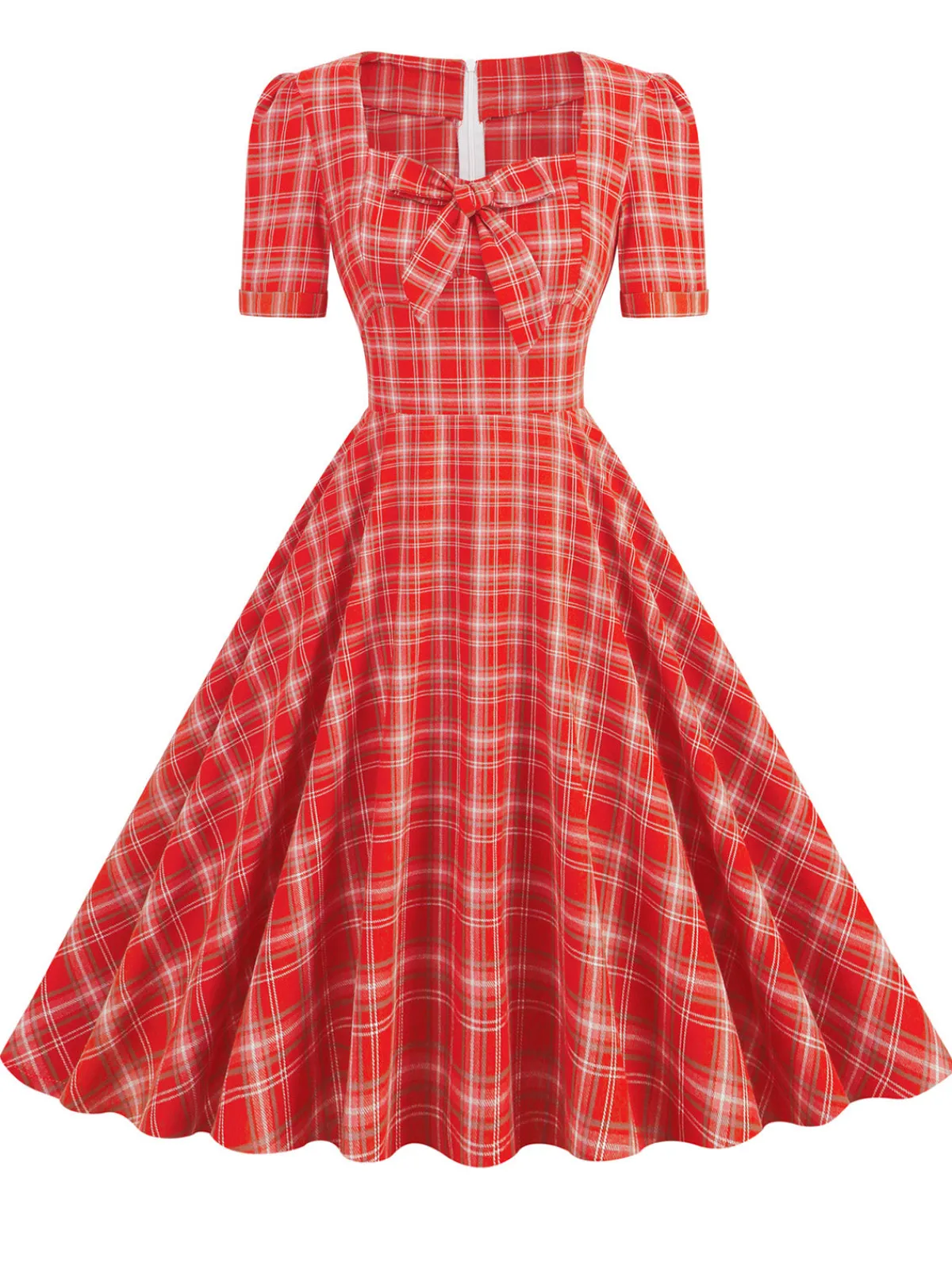 Discount Retro Stage 1950s Gingham Plaid Square Neck Flared Dress
