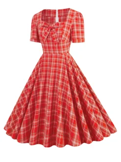 Discount Retro Stage 1950s Gingham Plaid Square Neck Flared Dress