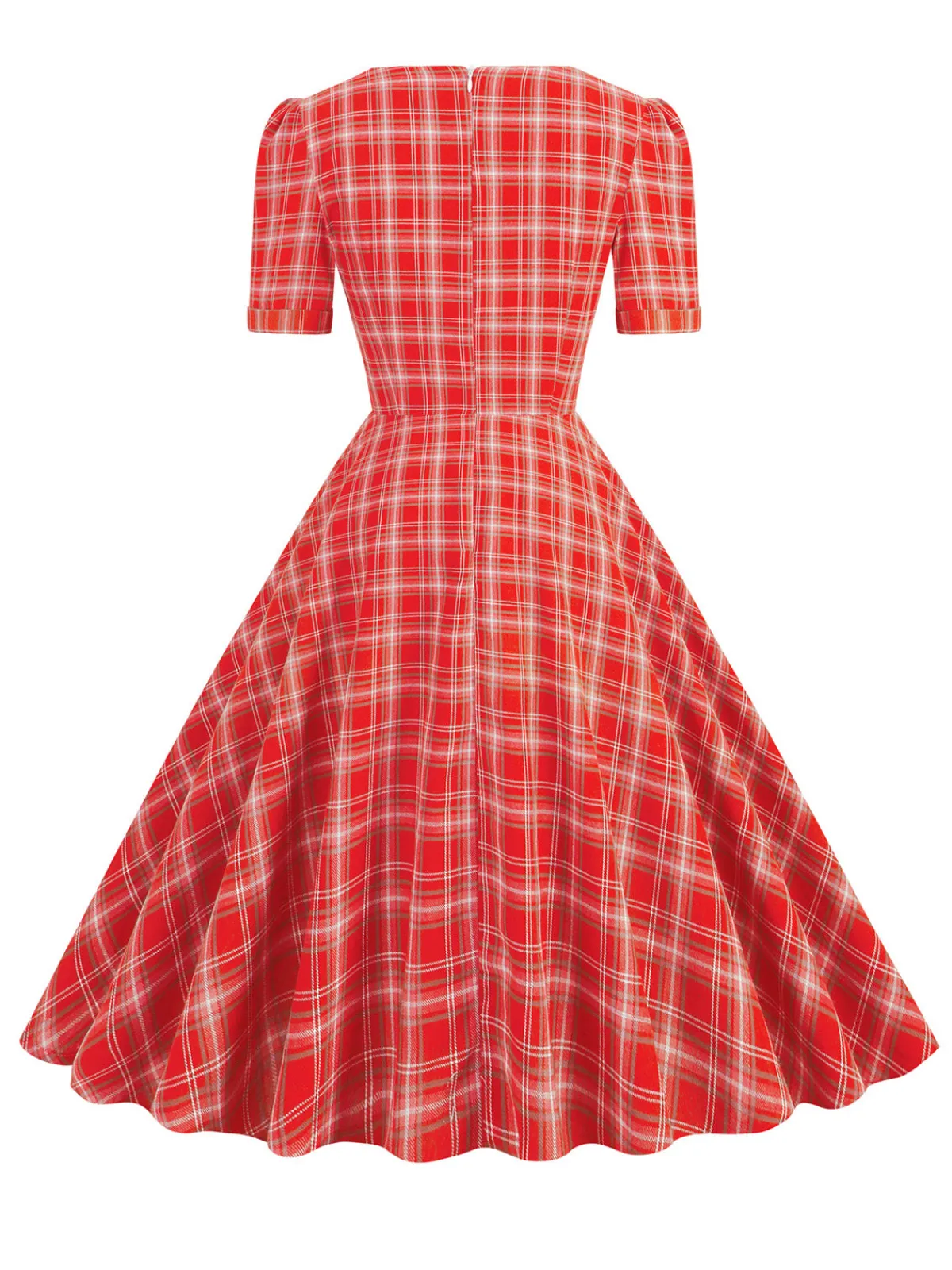 Discount Retro Stage 1950s Gingham Plaid Square Neck Flared Dress