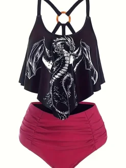 Discount Retro Stage 1980s Gothic Dragon Back-Cross Ruffle Swimsuit