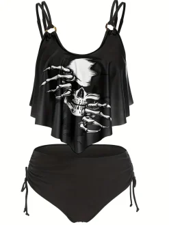 Online Retro Stage 1980s Gothic Skull Bow Ruffle Swimsuit