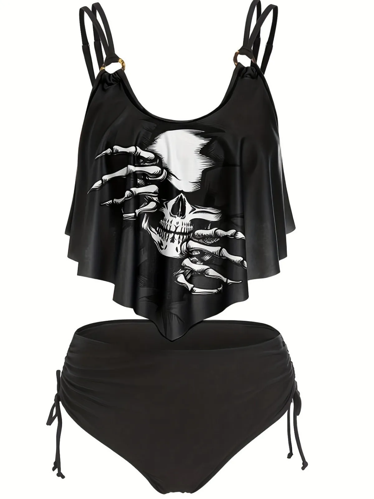 Online Retro Stage 1980s Gothic Skull Bow Ruffle Swimsuit