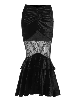 Fashion Retro Stage 1970s Gothic Velvet Lace Tiered Mermaid Skirt Black