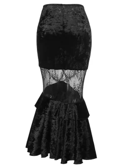 Fashion Retro Stage 1970s Gothic Velvet Lace Tiered Mermaid Skirt Black