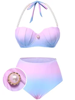 Fashion Retro Stage 1960s Gradient Mermaid Seashell Pearl Swimsuit Blue