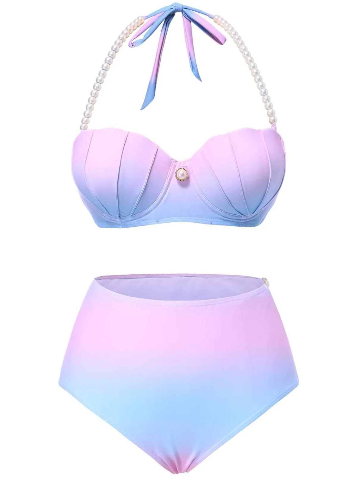 Fashion Retro Stage 1960s Gradient Mermaid Seashell Pearl Swimsuit Blue