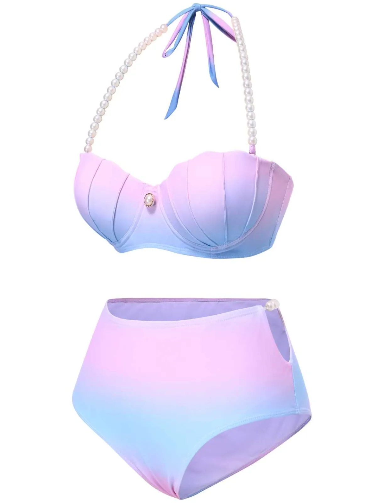Fashion Retro Stage 1960s Gradient Mermaid Seashell Pearl Swimsuit Blue