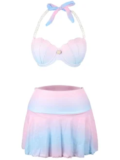 Clearance Retro Stage 1940s Shell Skirted Bikini Set Gradient Pink