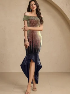 Clearance Retro Stage 1930s Gradient Sequined Slashed Fishtail Dress Gold