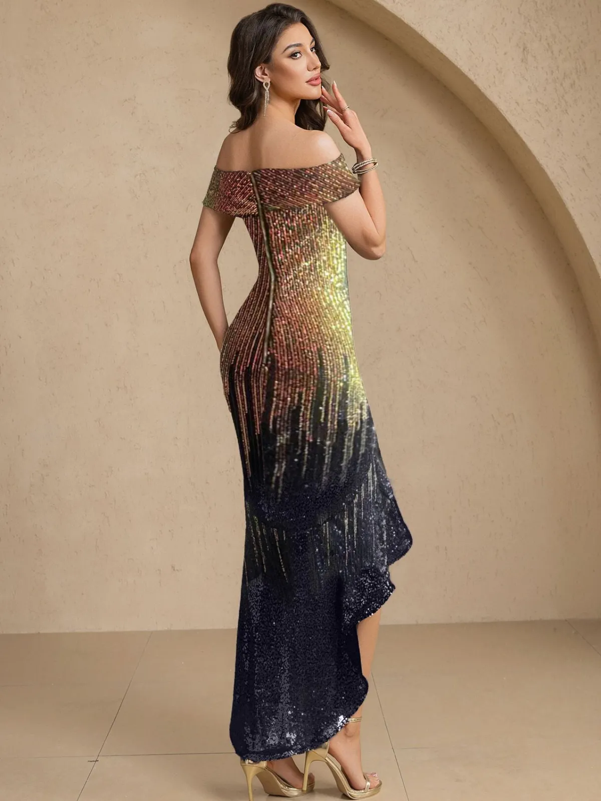 Clearance Retro Stage 1930s Gradient Sequined Slashed Fishtail Dress Gold