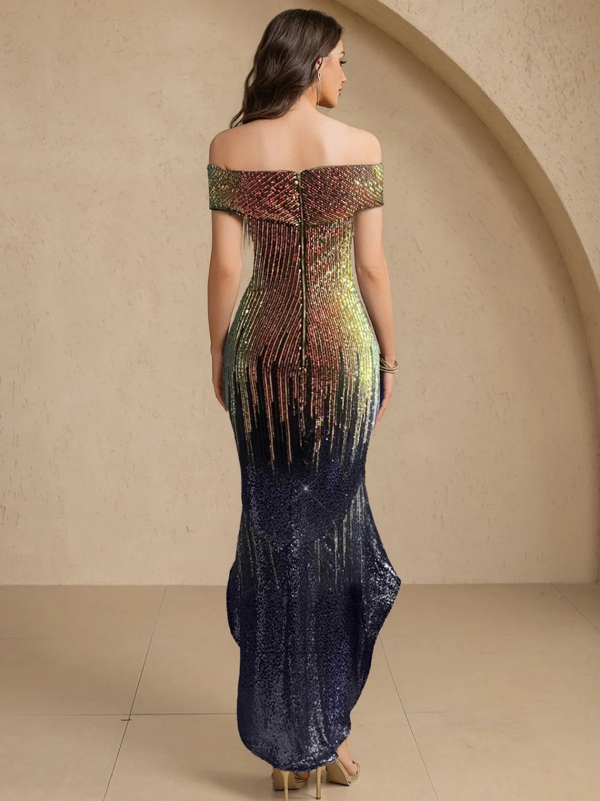 Clearance Retro Stage 1930s Gradient Sequined Slashed Fishtail Dress Gold