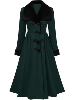 Sale Retro Stage 1950s Green And Black Fur Collar Coat