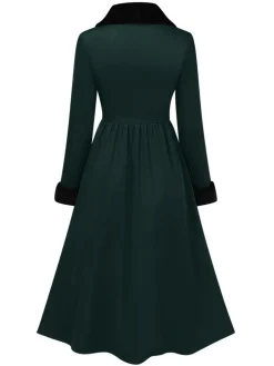 Sale Retro Stage 1950s Green And Black Fur Collar Coat