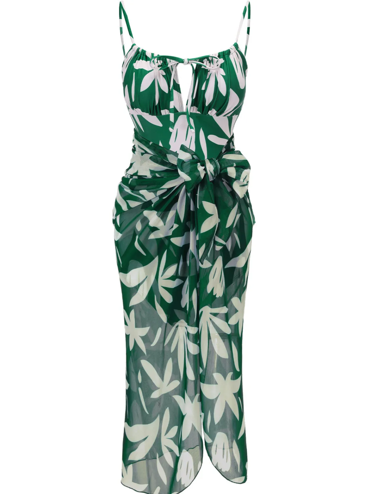 Sale Retro Stage 1960s Leaf Sleeveless Camisole Strap Swimsuit Green
