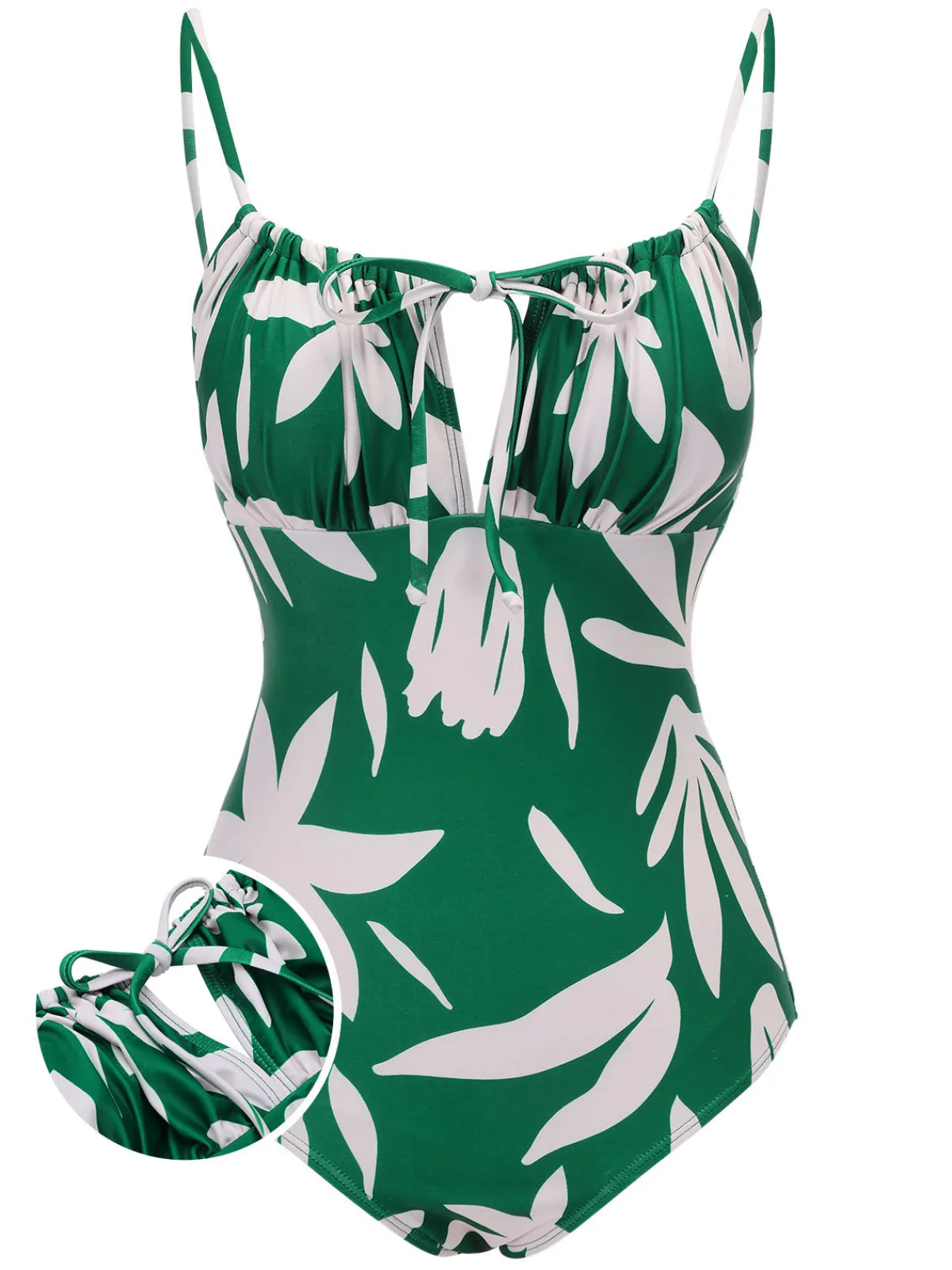 Sale Retro Stage 1960s Leaf Sleeveless Camisole Strap Swimsuit Green