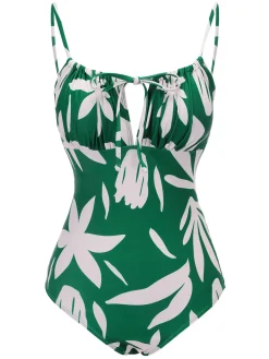 Sale Retro Stage 1960s Leaf Sleeveless Camisole Strap Swimsuit Green