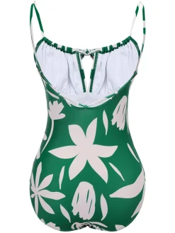 Sale Retro Stage 1960s Leaf Sleeveless Camisole Strap Swimsuit Green
