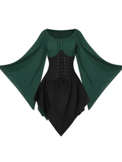 Discount Retro Stage 1950s Halloween Bat Sleeves Patchwork Dress