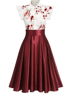 Clearance Retro Stage 1950s Halloween Blood Bowknot Patchwork Dress White & Wine Red