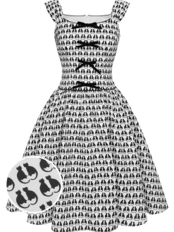 Outlet Retro Stage 1950s Halloween Cat Print Velvet Bow Dress White