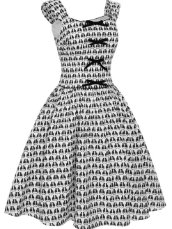 Outlet Retro Stage 1950s Halloween Cat Print Velvet Bow Dress White