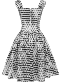 Outlet Retro Stage 1950s Halloween Cat Print Velvet Bow Dress White