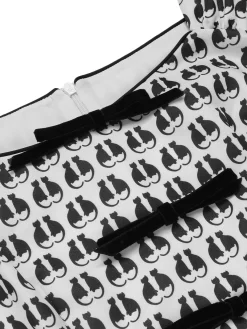 Outlet Retro Stage 1950s Halloween Cat Print Velvet Bow Dress White
